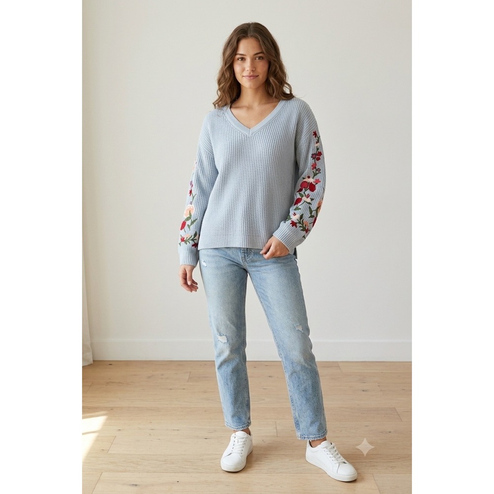 American Eagle Womens Small Sweater Blue Floral Embroidered‎ V Neck Ribbed Knit
